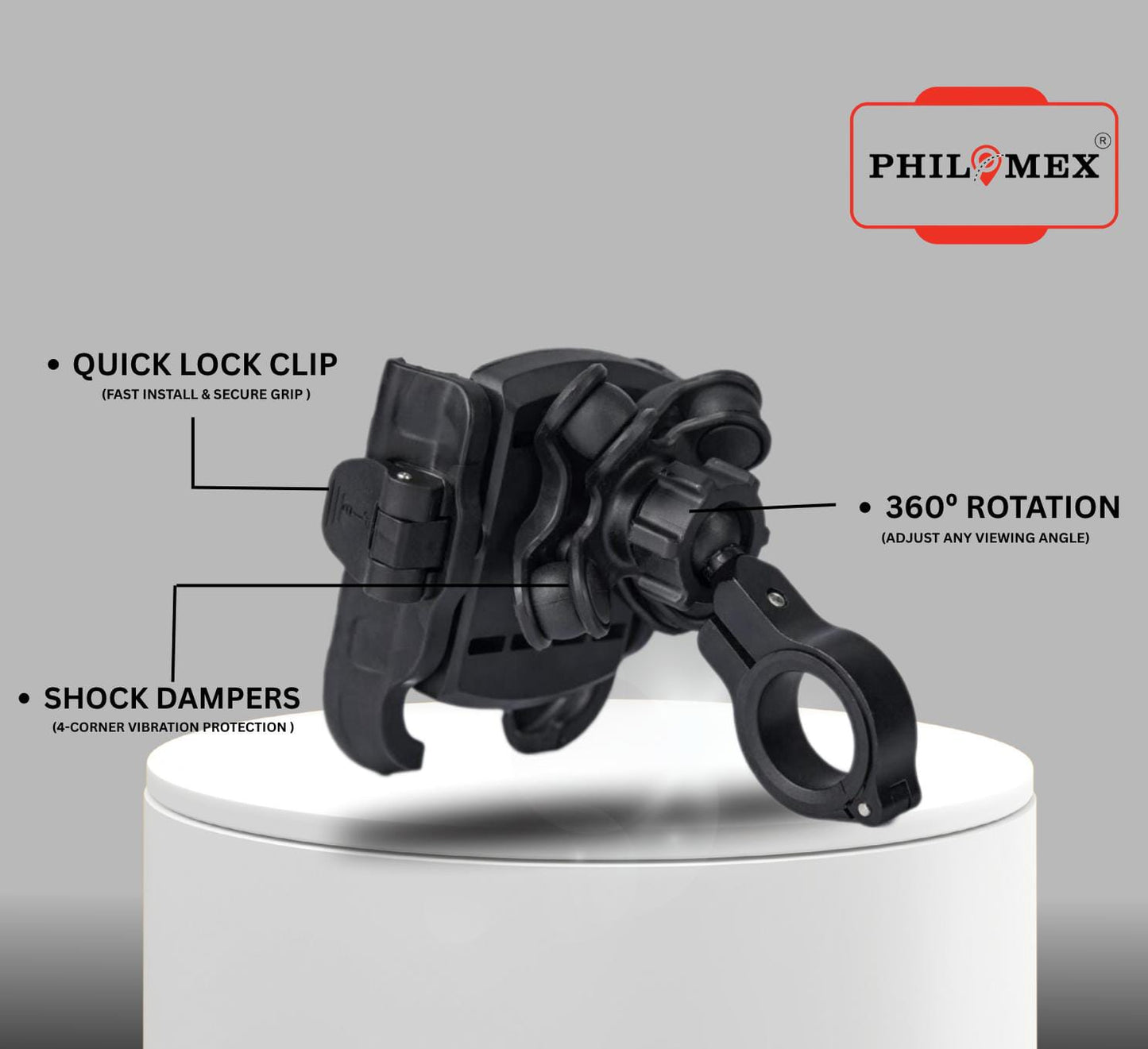 anti- vibration bike mobile holder with damper | Metal + PA66 | Anti-Vibration Suspension | One-Hand Clip-On | 360° Rotation