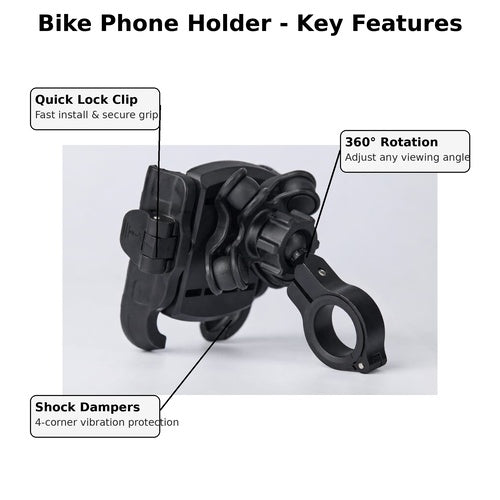 Bike Mobile Holder with Damper | Metal + PA66 | Anti-Vibration Suspension | One-Hand Clip-On | 360° Rotation