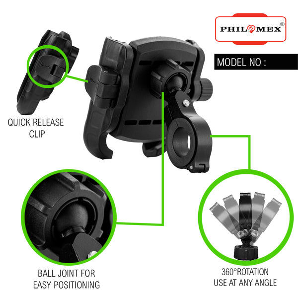 Metal Mobile Phone Holder for Bikes sooters bicycles | PA66 Reinforced | One-Hand Clip-On Release | 360° Rotation | Secure Handlebar Mount